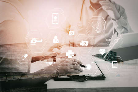 General Medical Services (GMS) and General Practitioners(GPs or family doctors) diagram.Medical doctor using mobile phone and consulting businessman patient having exam as Hospital professionalism.の写真素材