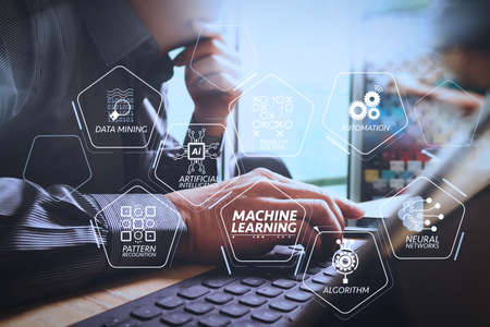 Machine learning technology diagram with artificial intelligence (AI),neural network,automation,data mining in VR screen.Team brainstorming task. Photo young creative managers crew working with new startup project.の写真素材