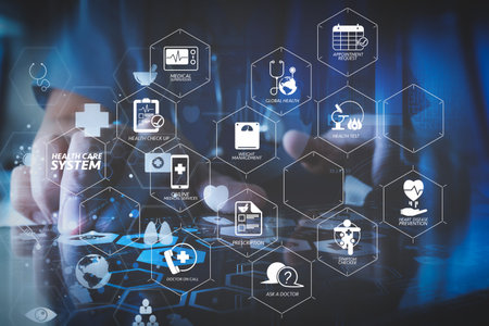 Health care system diagram with health check and symptom on VR dashboard.medical techonlogy...