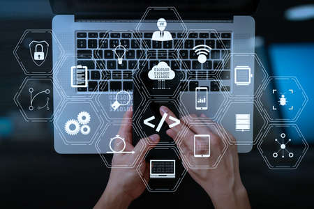 Coding software developer work with augmented reality dashboard computer icons of scrum agile development and code fork and versioning with responsive cybersecurity.Businessman hand working mobile phone.の写真素材