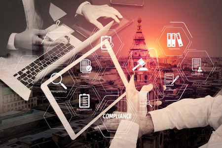 Compliance Virtual Diagram for regulations, law, standards, requirements and audit.co working team...