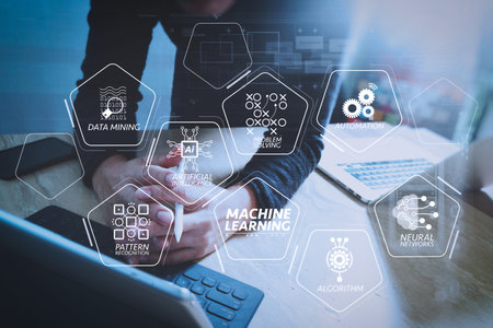 Machine learning technology diagram with artificial intelligence (AI),neural network,automation,data...