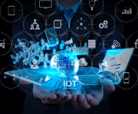 Internet of Things (IOT) technology with AR (Augmented Reality) on VR dashboard. businessman shows...
