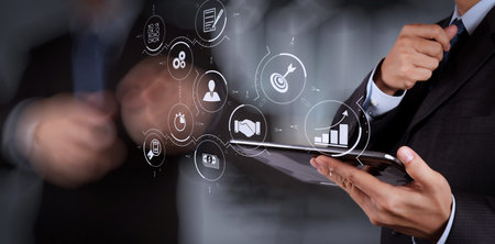 Business process management with workflow automation diagram and gears in virtual flowchart.Business process management with workflow automation diagram and gears in virtual flowchart.の写真素材