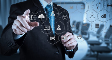 Internet of Things (IOT) technology with AR (Augmented Reality) on VR dashboard. Businessman hand...
