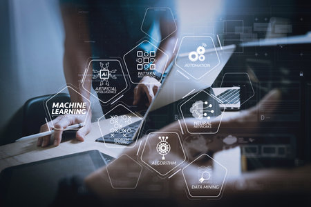 Machine learning technology diagram with artificial intelligence (AI),neural network,automation,data...