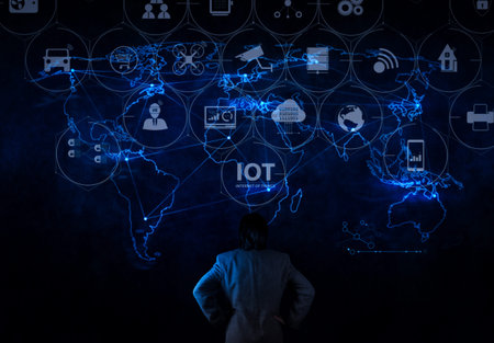 Internet of Things (IOT) technology with AR (Augmented Reality) on VR dashboard. businessman working with new modern computer show social network structureの写真素材