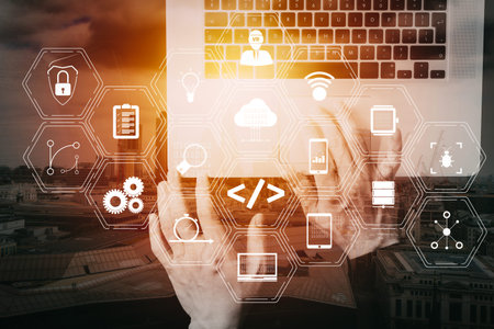 Coding software developer work with augmented reality dashboard computer icons of scrum agile...