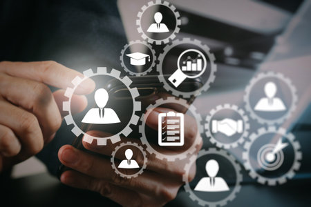 Human resources management with recruitment business working concept. HR manager is selecting candidate for hiring with virtual screen computer.の写真素材