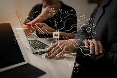 Artificial Intelligence (AI),machine learning with data mining technology on virtual dachboard.Business team meeting. Photo professional investor working new start up project. Finance task.Digital tablet docking keyboard.の写真素材