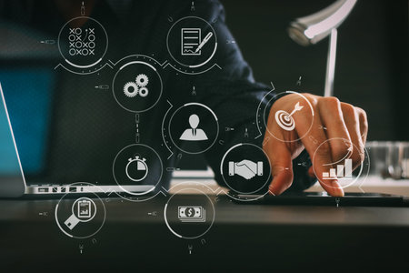Business process management with workflow automation diagram and gears in virtual...