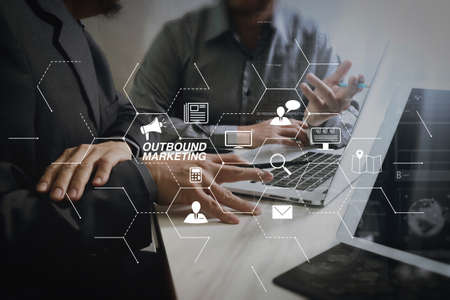 Outbound marketing business virtual dashboard with Offline or interruption marketing.Business team meeting. Photo professional investor working new start up project. Finance task.Digital tablet docking keyboard.の写真素材