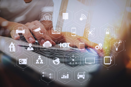 Internet of Things (IOT) technology with AR (Augmented Reality) on VR dashboard. business man hand...