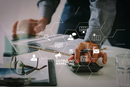 Outbound marketing business virtual dashboard with Offline or interruption marketing.businessman...