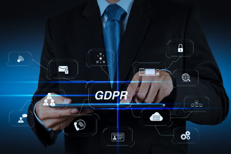 GDPR. Data Protection Regulation with Cyber security and privacy virtual diagram.businessman hand...