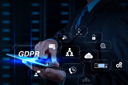 GDPR. Data Protection Regulation with Cyber security and privacy virtual diagram.businessman hand...
