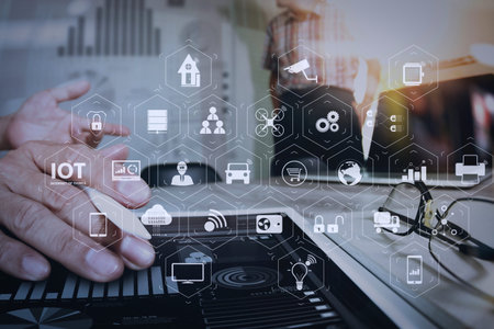 Internet of Things (IOT) technology with AR (Augmented Reality) on VR dashboard. Businessman making...