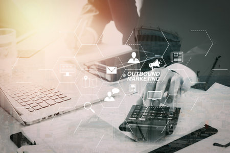 Outbound marketing business virtual dashboard with Offline or interruption marketing.businessman...