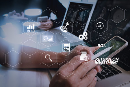 ROI Return on Investment indicator in virtual dashboard for improving business. Business team...