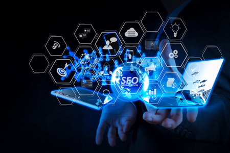 Seo Optimization for website with mobile website and Landing page virtual diagram.businessman shows...