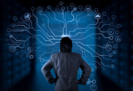 Artificial Intelligence (AI),machine learning with data mining technology on virtual dachboard.Businessman working with modern computer big data screen.の写真素材