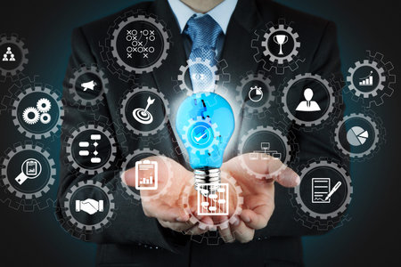 AR virtual screen dashboard with project management with icons of scheduling, budgeting,...