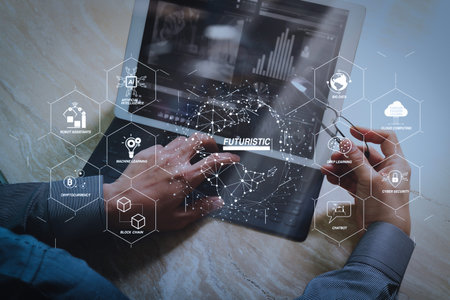 Futuristic in Industry 4.0 and business virtual diagram with Ai, robot assistant, Cloud, big data and automation. Businessman hand working concept. Photo investor working with new startup project.の写真素材