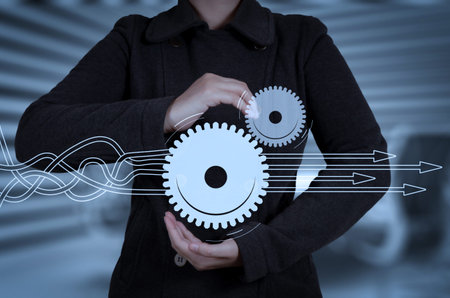 Thinking about structuring virtual diagram of business process with solutions. businesswoman showing...