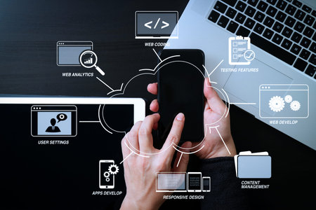 Developing programming and coding technologies with Website design in virtual diagram.cyber security...