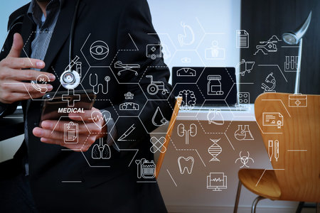Health care and medical services concept with flat line AR interface.smart medical doctor working...