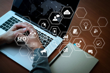 Seo Optimization for website with mobile website and Landing page virtual diagram.Double exposure of...
