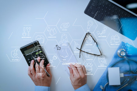 Cosmetology process with Beauty therapy,bodycare,healthcare,wellness treatment virtual diagram and  Correction,rejuvenation,anti-aging procedure.Healthcare costs and fees concept.の写真素材