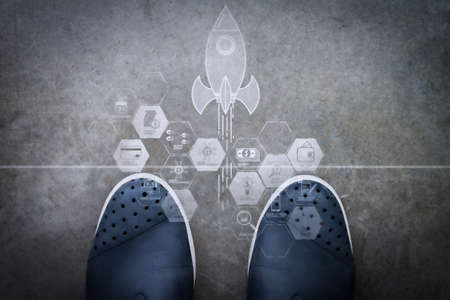 financial technology flowchart and basic income mining cryptocurrency with blockchain startup unicorn crypto money virtual diagram.businessman feet showing diagram on the floor.の写真素材