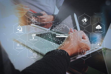 Futuristic in Industry 4.0 and business virtual diagram with Ai, robot assistant, Cloud, big data...