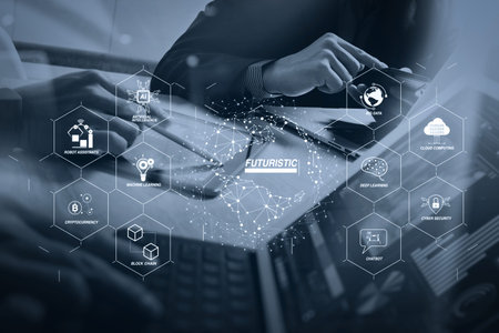 Futuristic in Industry 4.0 and business virtual diagram with Ai, robot assistant, Cloud, big data...