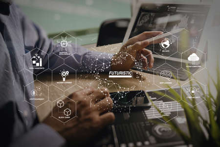 Futuristic in Industry 4.0 and business virtual diagram with Ai, robot assistant, Cloud, big data and automation. Businessman hand working concept. Documents finance graphic chart.の写真素材