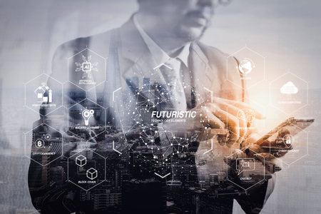 Futuristic in Industry 4.0 and business virtual diagram with Ai, robot assistant, Cloud, big data...