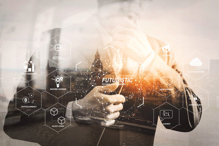 Futuristic in Industry 4.0 and business virtual diagram with Ai, robot assistant, Cloud, big data...