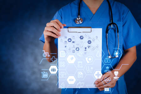 Health care and medical services concept with flat line AR interface.smart doctor and technology as medical conceptの写真素材