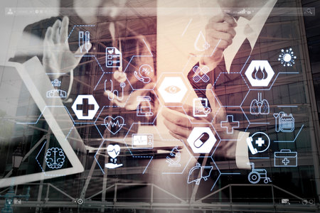 Health care and medical services concept with flat line AR interface.Medical co working...