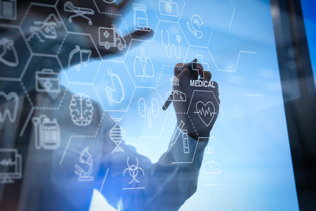 Health care and medical services concept with flat line AR interface.smart medical doctor working...