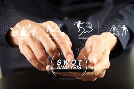 SWOT Analysis virtual diagram with Strengths, weaknesses, threats and opportunities of...