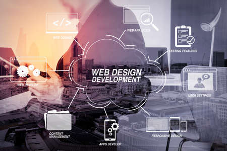 Developing programming and coding technologies with Website design in virtual diagram.businessman working with smart phone and digital tablet and laptop computer in modern office with London city exposureの写真素材