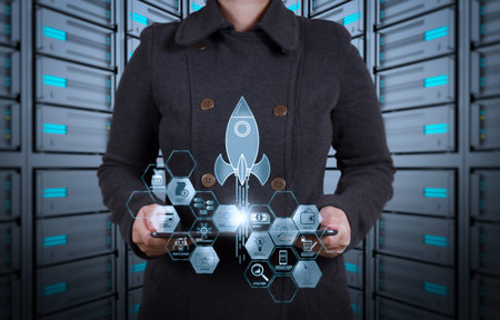 financial technology flowchart and basic income mining cryptocurrency with blockchain startup unicorn crypto money virtual diagram.businessman hand working with new modern computer.の写真素材