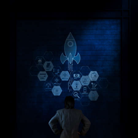 financial technology flowchart and basic income mining cryptocurrency with blockchain startup unicorn crypto money virtual diagram.businessman hand working with new modern computer.の写真素材