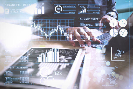 Investor analyzing stock market report and financial dashboard with business intelligence (BI), with...