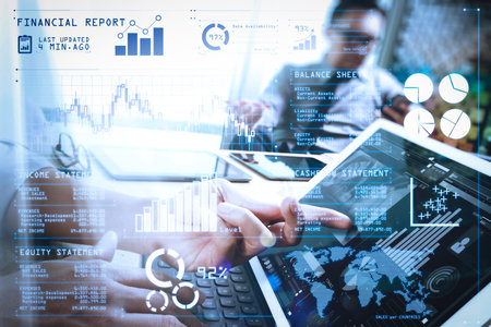 Investor analyzing stock market report and financial dashboard with business intelligence (BI), with...