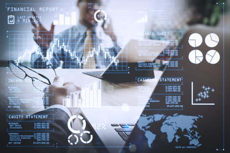 Investor analyzing stock market report and financial dashboard with business intelligence (BI), with...