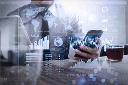 Investor analyzing stock market report and financial dashboard with business intelligence (BI), with...