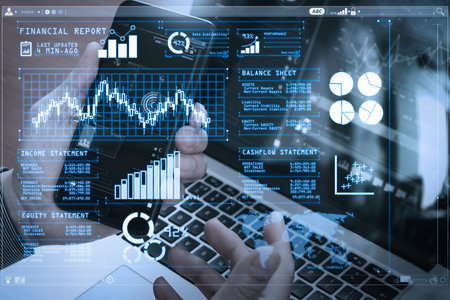 Investor analyzing stock market report and financial dashboard with business intelligence (BI), with...